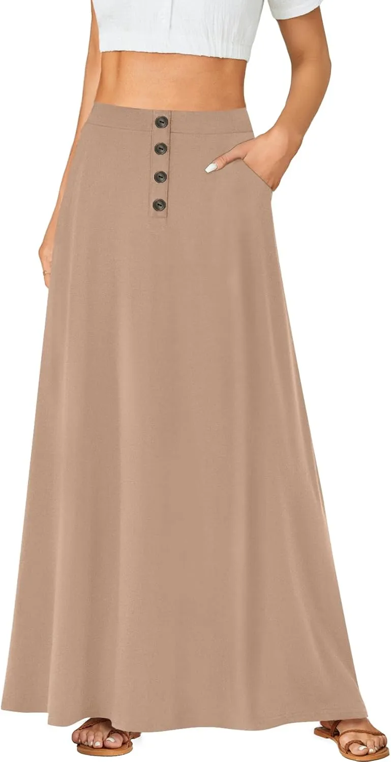 Rooscier Women's High Waist Button Front A-Line Long Maxi Skirt with Pockets
