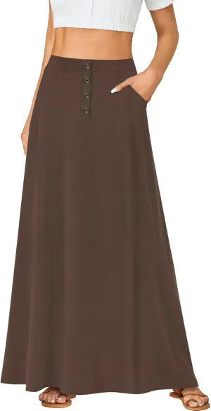 Rooscier Women's High Waist Button Front A-Line Long Maxi Skirt with Pockets