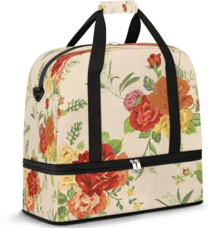 Rose Leaves Floral Sports Gym Bag with Shoes Compartment Foldable Travel Duffel Bag Dry Wet Separated Sports Tote Workout Weekender Overnight Bag for Women Yoga Dance Work Training Handbag