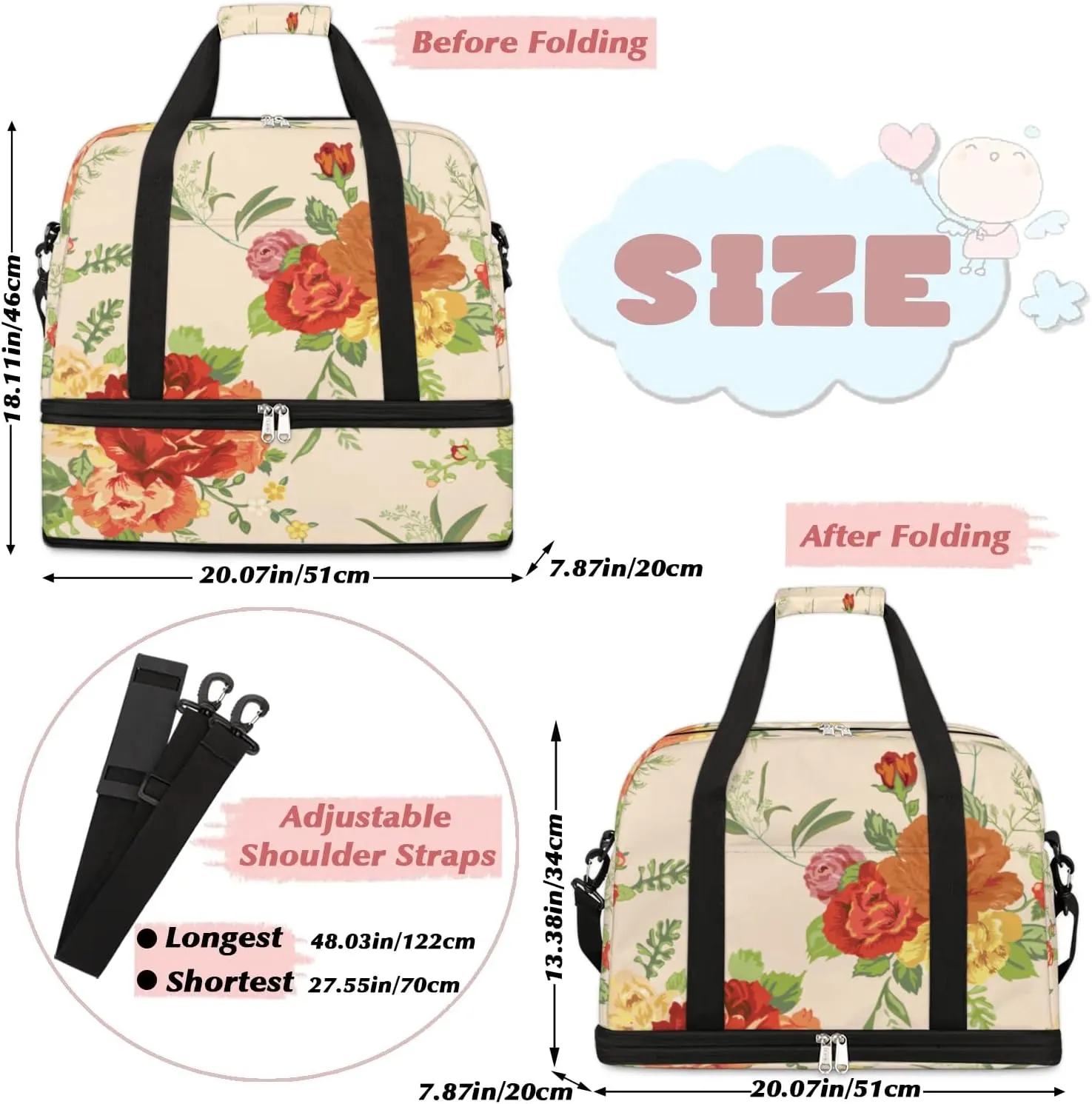 Rose Leaves Floral Sports Gym Bag with Shoes Compartment Foldable Travel Duffel Bag Dry Wet Separated Sports Tote Workout Weekender Overnight Bag for Women Yoga Dance Work Training Handbag