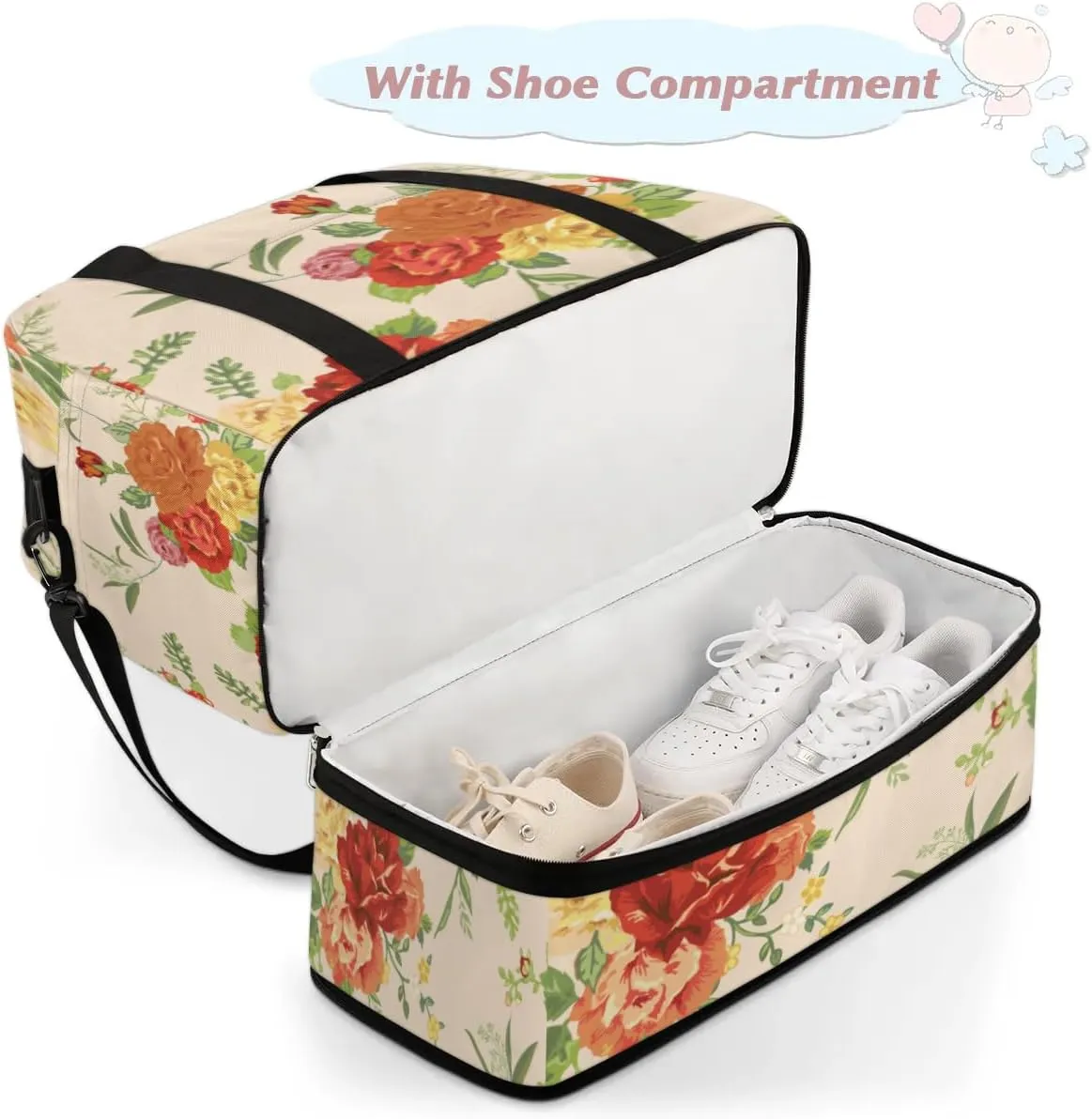 Rose Leaves Floral Sports Gym Bag with Shoes Compartment Foldable Travel Duffel Bag Dry Wet Separated Sports Tote Workout Weekender Overnight Bag for Women Yoga Dance Work Training Handbag