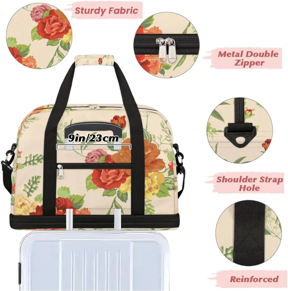 Rose Leaves Floral Sports Gym Bag with Shoes Compartment Foldable Travel Duffel Bag Dry Wet Separated Sports Tote Workout Weekender Overnight Bag for Women Yoga Dance Work Training Handbag
