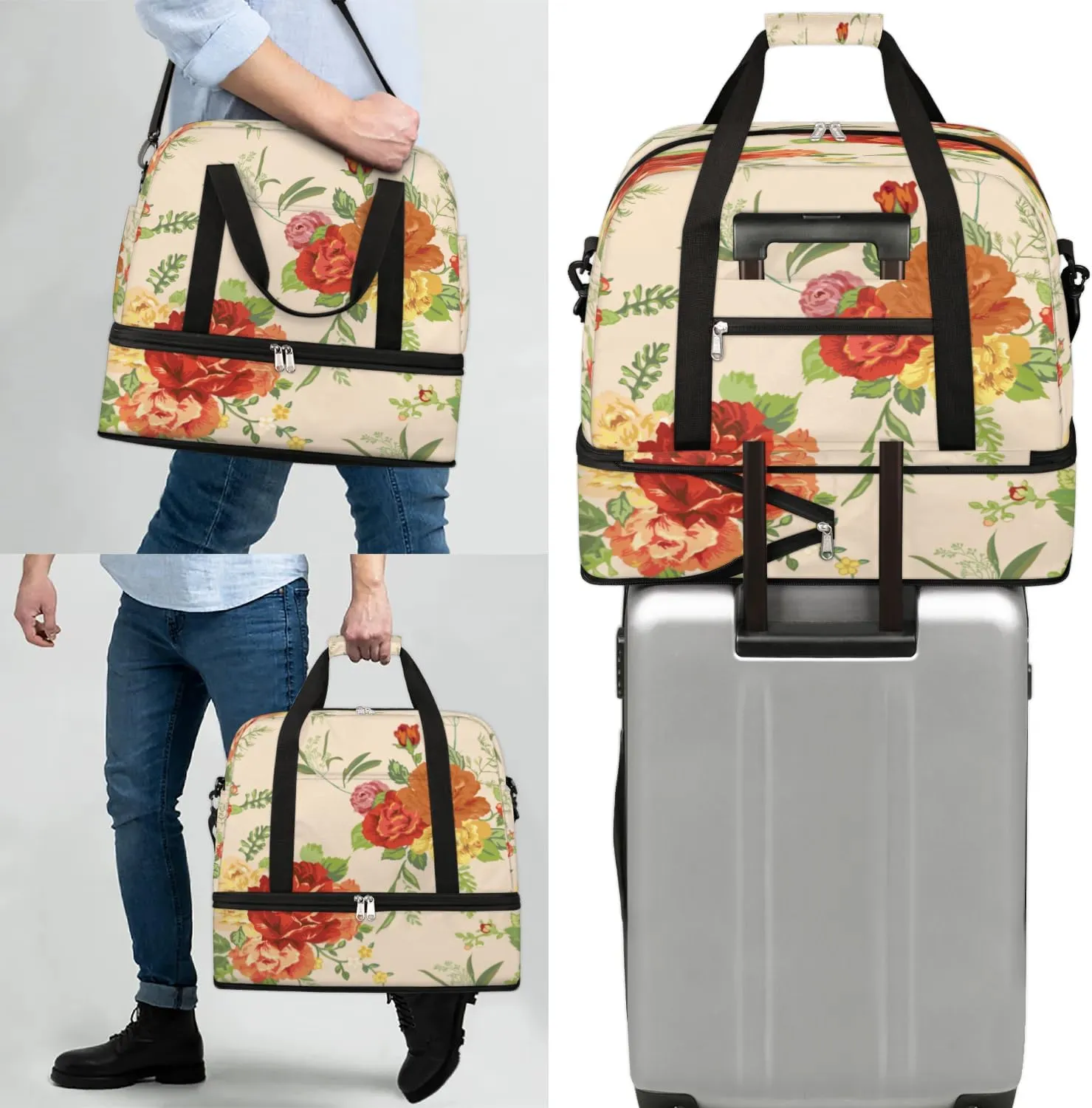 Rose Leaves Floral Sports Gym Bag with Shoes Compartment Foldable Travel Duffel Bag Dry Wet Separated Sports Tote Workout Weekender Overnight Bag for Women Yoga Dance Work Training Handbag