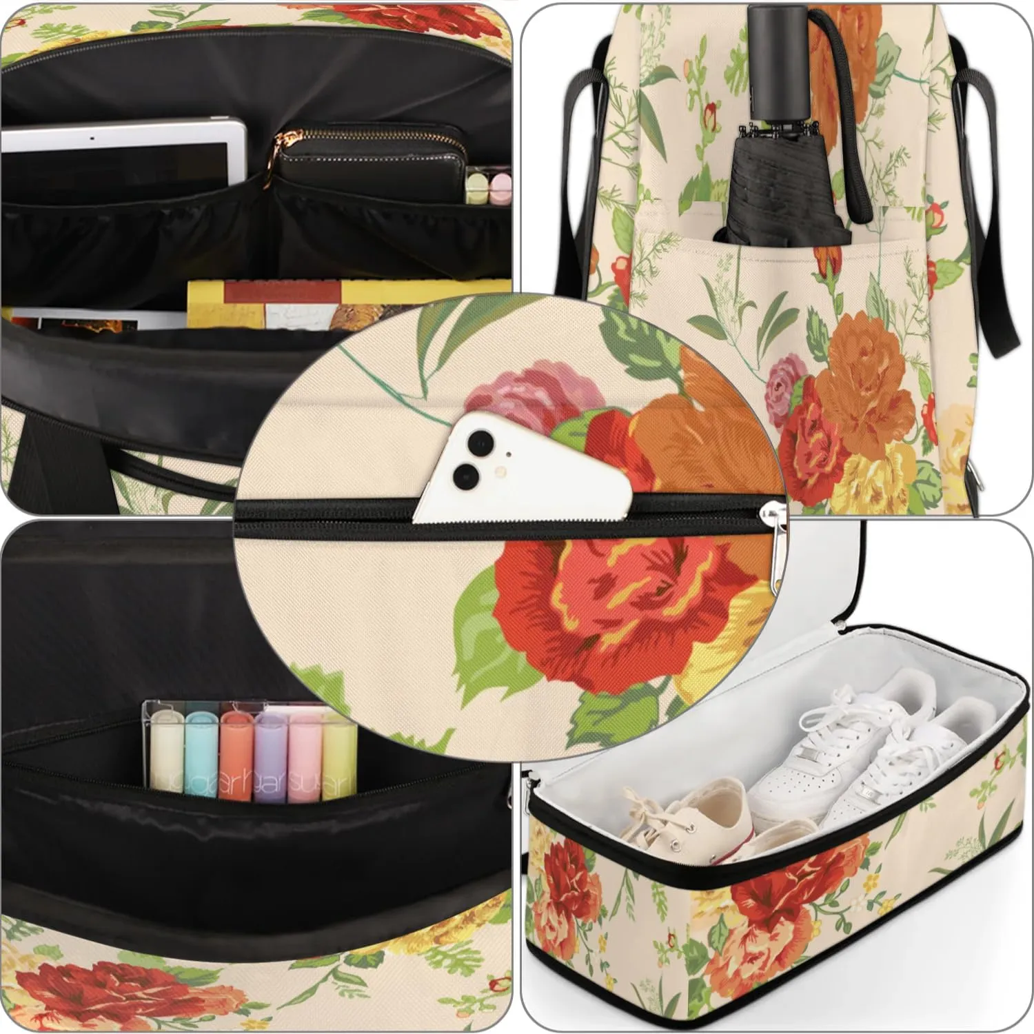 Rose Leaves Floral Sports Gym Bag with Shoes Compartment Foldable Travel Duffel Bag Dry Wet Separated Sports Tote Workout Weekender Overnight Bag for Women Yoga Dance Work Training Handbag