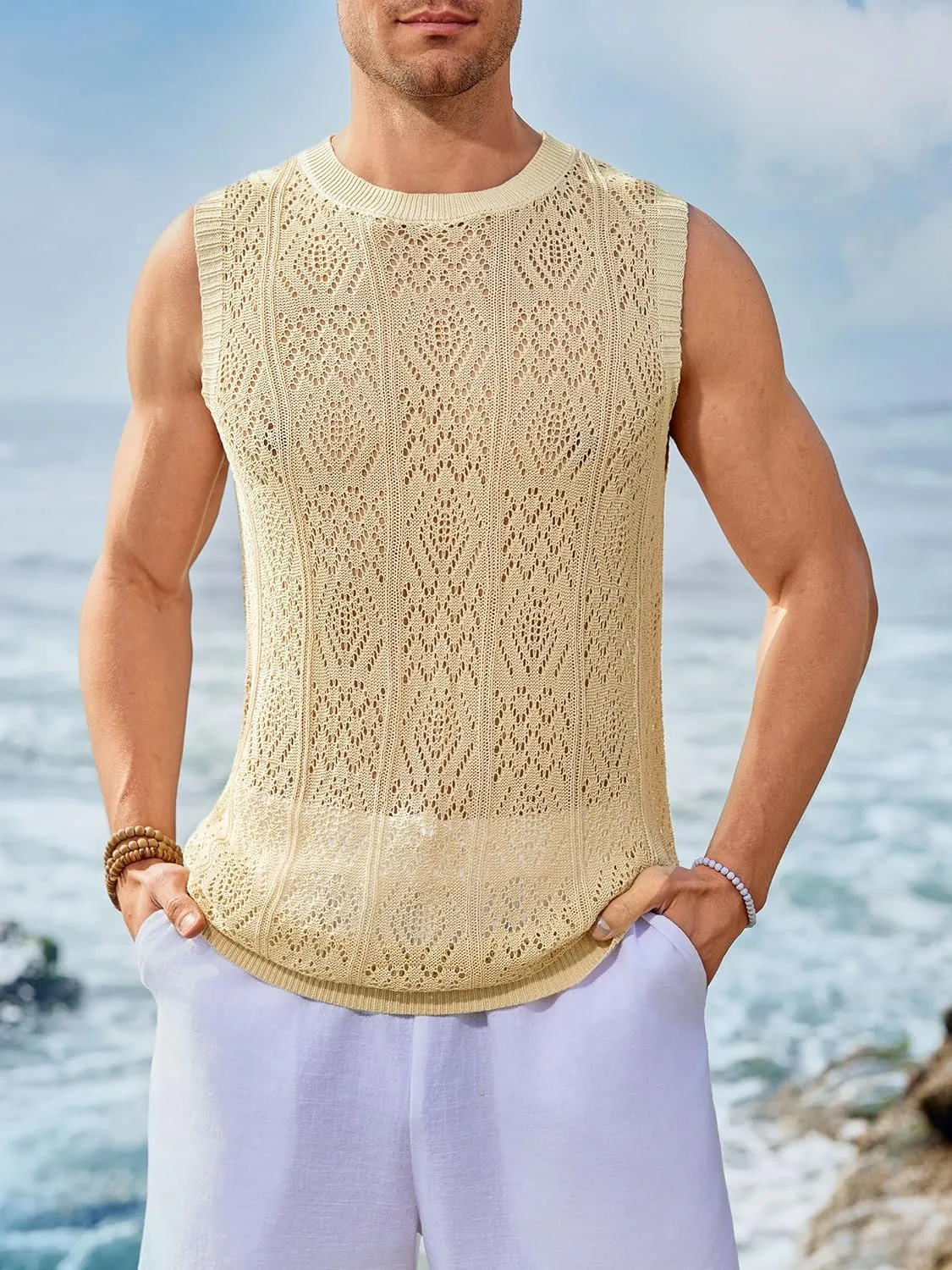 Runcati Mens Sleeveless Crewneck Tank Top Casual Mesh Hollow Out Cotton Knit Summer Beach T Shirt