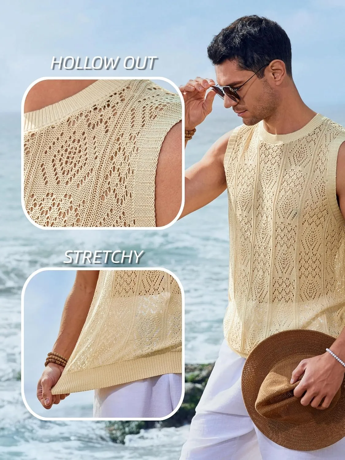 Runcati Mens Sleeveless Crewneck Tank Top Casual Mesh Hollow Out Cotton Knit Summer Beach T Shirt