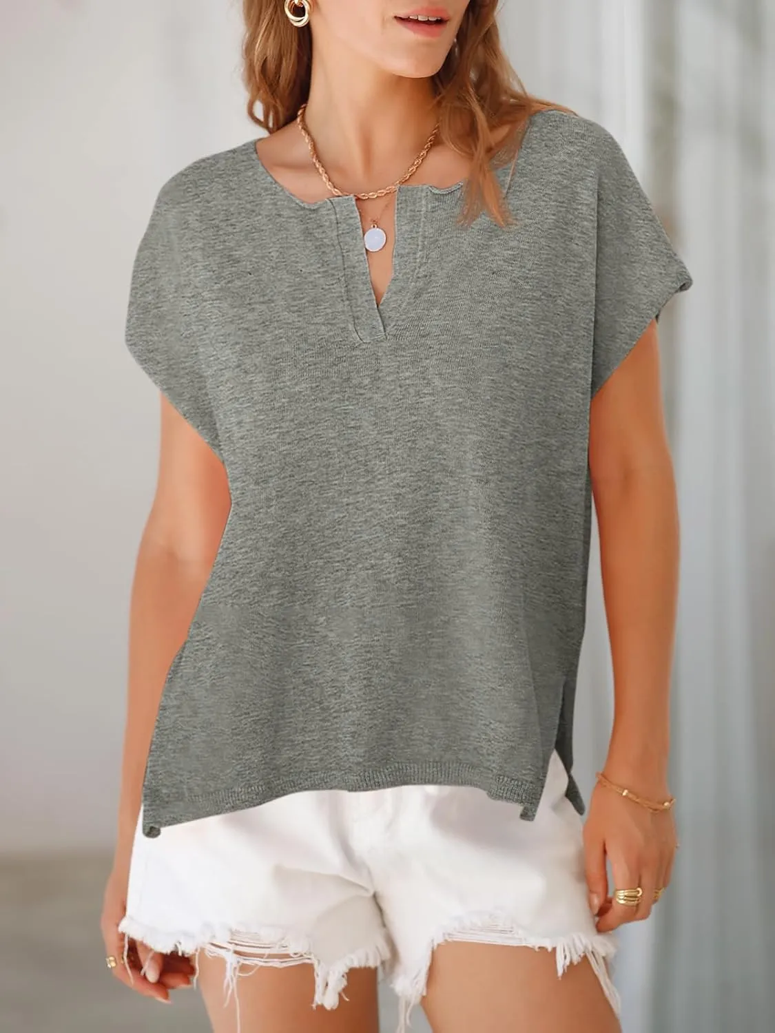 Saodimallsu Womens V Neck Cap Sleeve Sweater Tops Summer Casual Loose Fit Side Split Basic Clothes Shirts