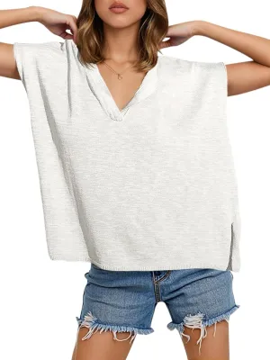 Saodimallsu Womens V Neck Cap Sleeve Sweater Tops Summer Casual Loose Fit Side Split Basic Clothes Shirts