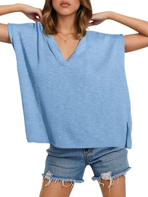Saodimallsu Womens V Neck Cap Sleeve Sweater Tops Summer Casual Loose Fit Side Split Basic Clothes Shirts