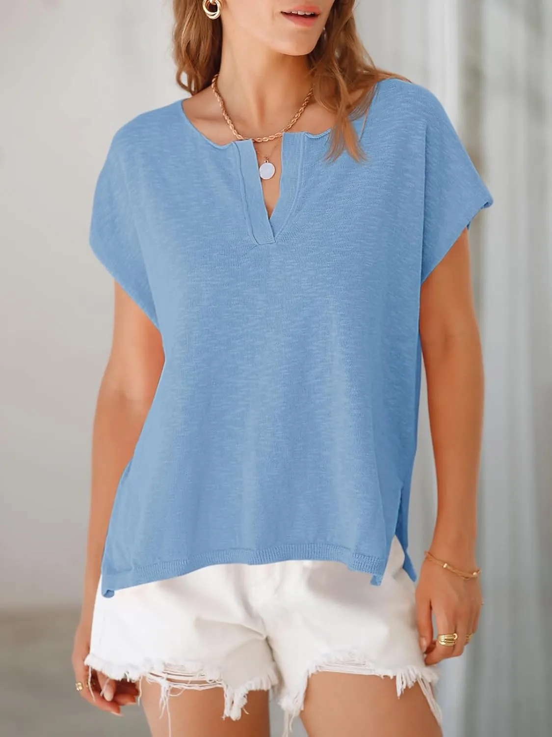 Saodimallsu Womens V Neck Cap Sleeve Sweater Tops Summer Casual Loose Fit Side Split Basic Clothes Shirts