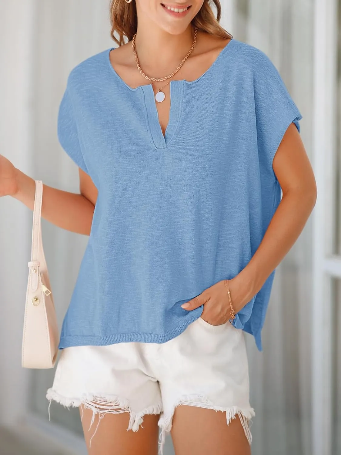 Saodimallsu Womens V Neck Cap Sleeve Sweater Tops Summer Casual Loose Fit Side Split Basic Clothes Shirts