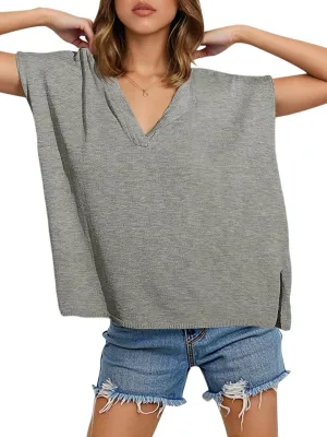 Saodimallsu Womens V Neck Cap Sleeve Sweater Tops Summer Casual Loose Fit Side Split Basic Clothes Shirts