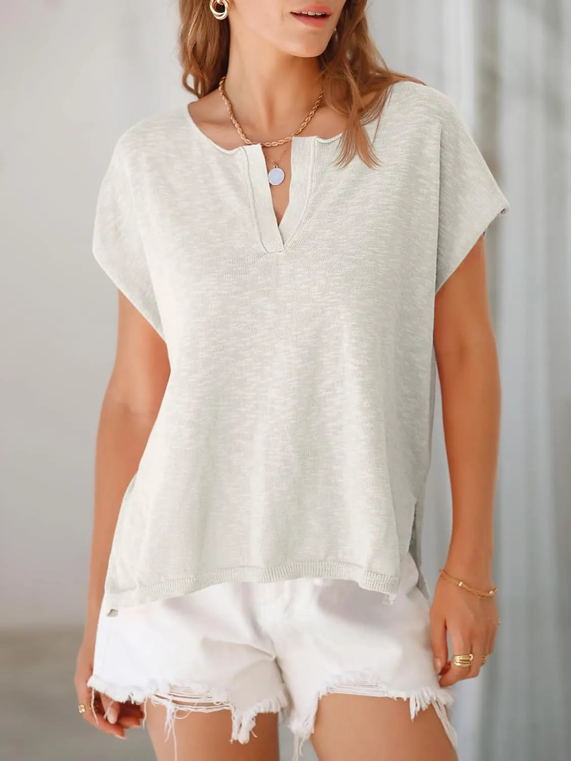 Saodimallsu Womens V Neck Cap Sleeve Sweater Tops Summer Casual Loose Fit Side Split Basic Clothes Shirts