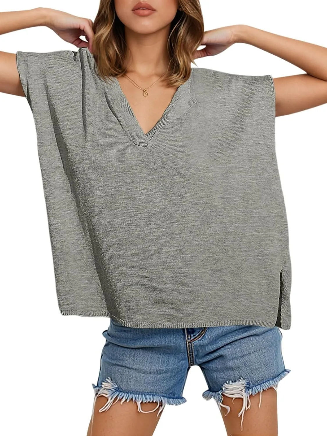 Saodimallsu Womens V Neck Cap Sleeve Sweater Tops Summer Casual Loose Fit Side Split Basic Clothes Shirts