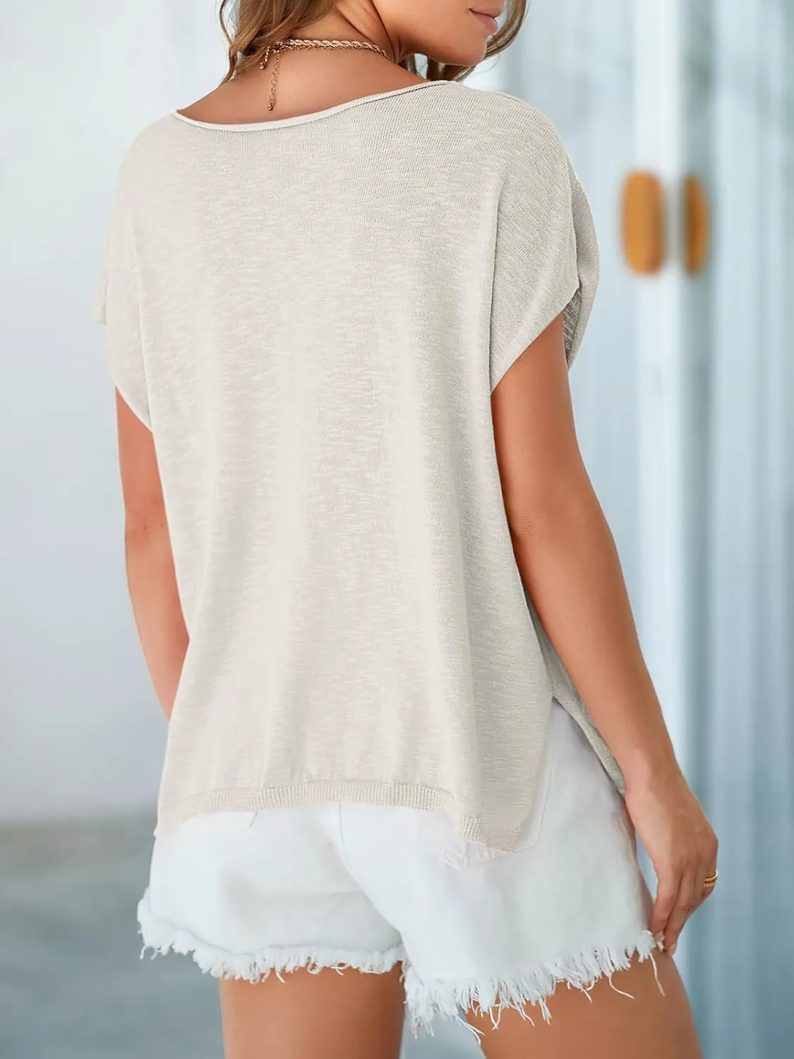 Saodimallsu Womens V Neck Cap Sleeve Sweater Tops Summer Casual Loose Fit Side Split Basic Clothes Shirts