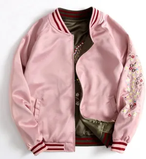 Satin Phoenix Embroidery Baseball Jacket Women Double Sided Female Bomber Jacket,Pink,S