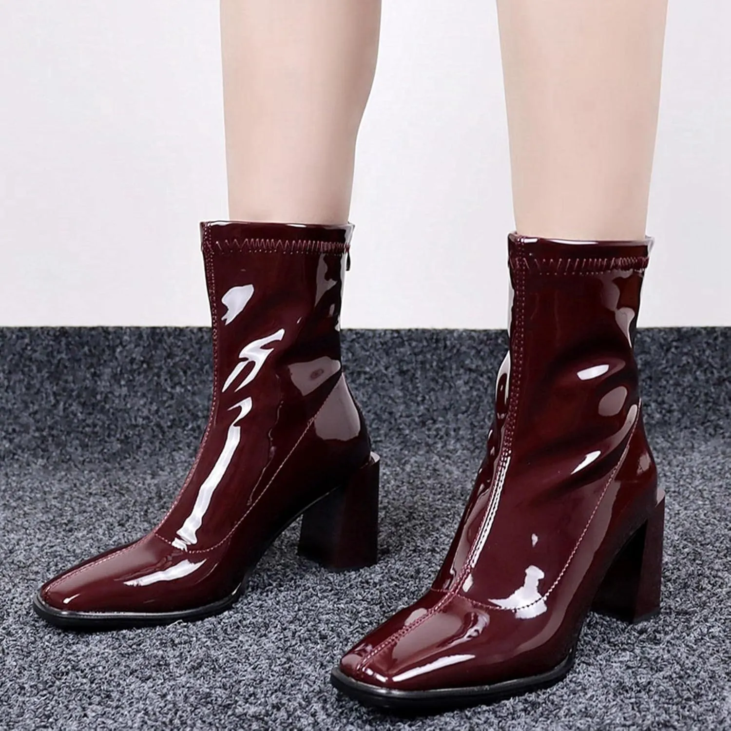 Seborluys Women's Patent Leather Square Toe Ankle Boots Stretch Block Heeled Zip Up Booties
