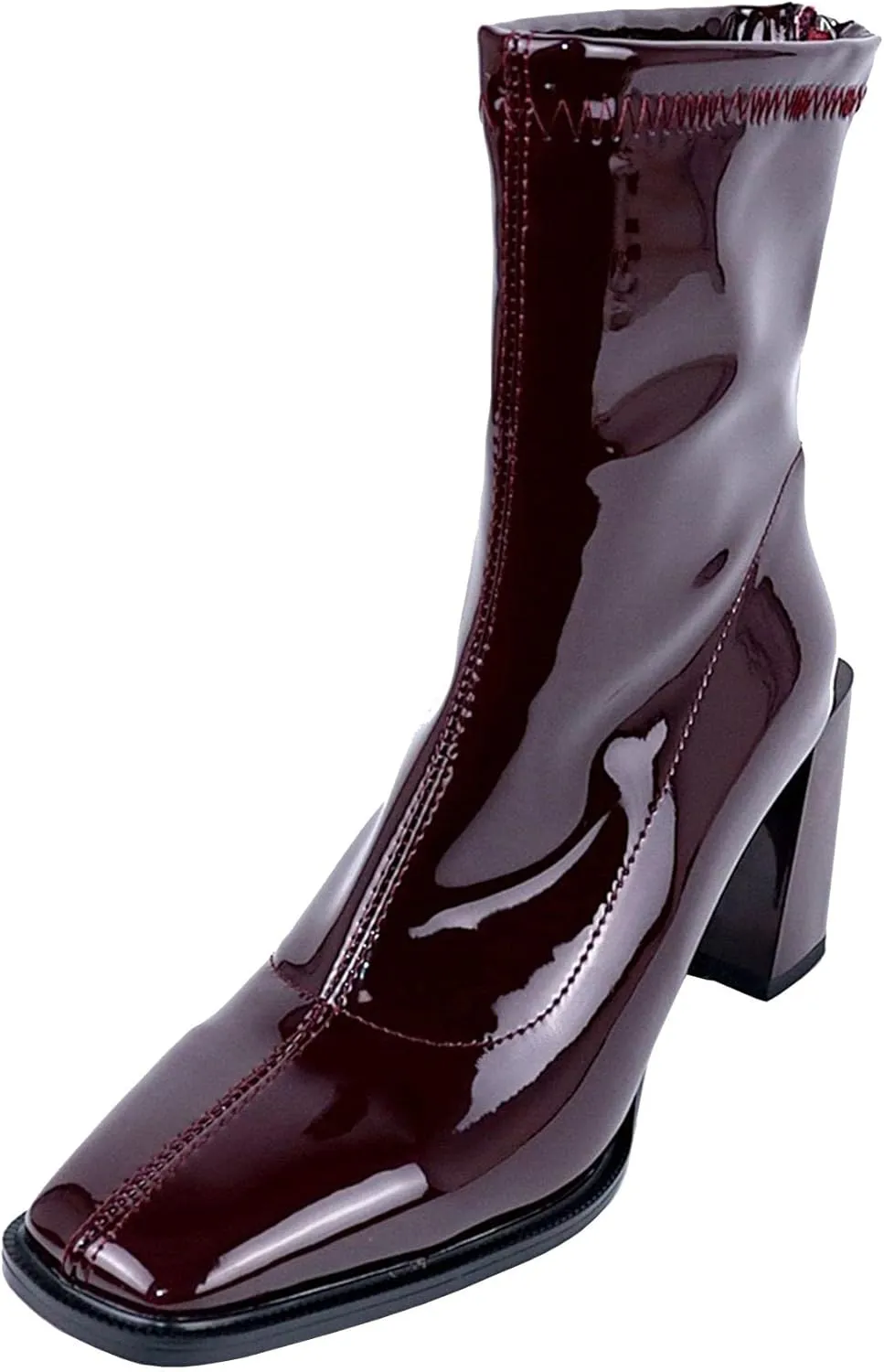 Seborluys Women's Patent Leather Square Toe Ankle Boots Stretch Block Heeled Zip Up Booties