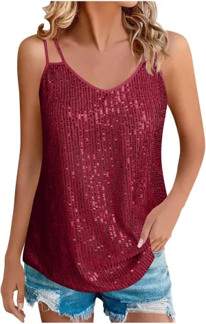 Sequin Tops for Women Sleeveless Sparkle Shimmer Tank Tops V Neck Dressy Party Club Night Cami Shirt Concert Clothes