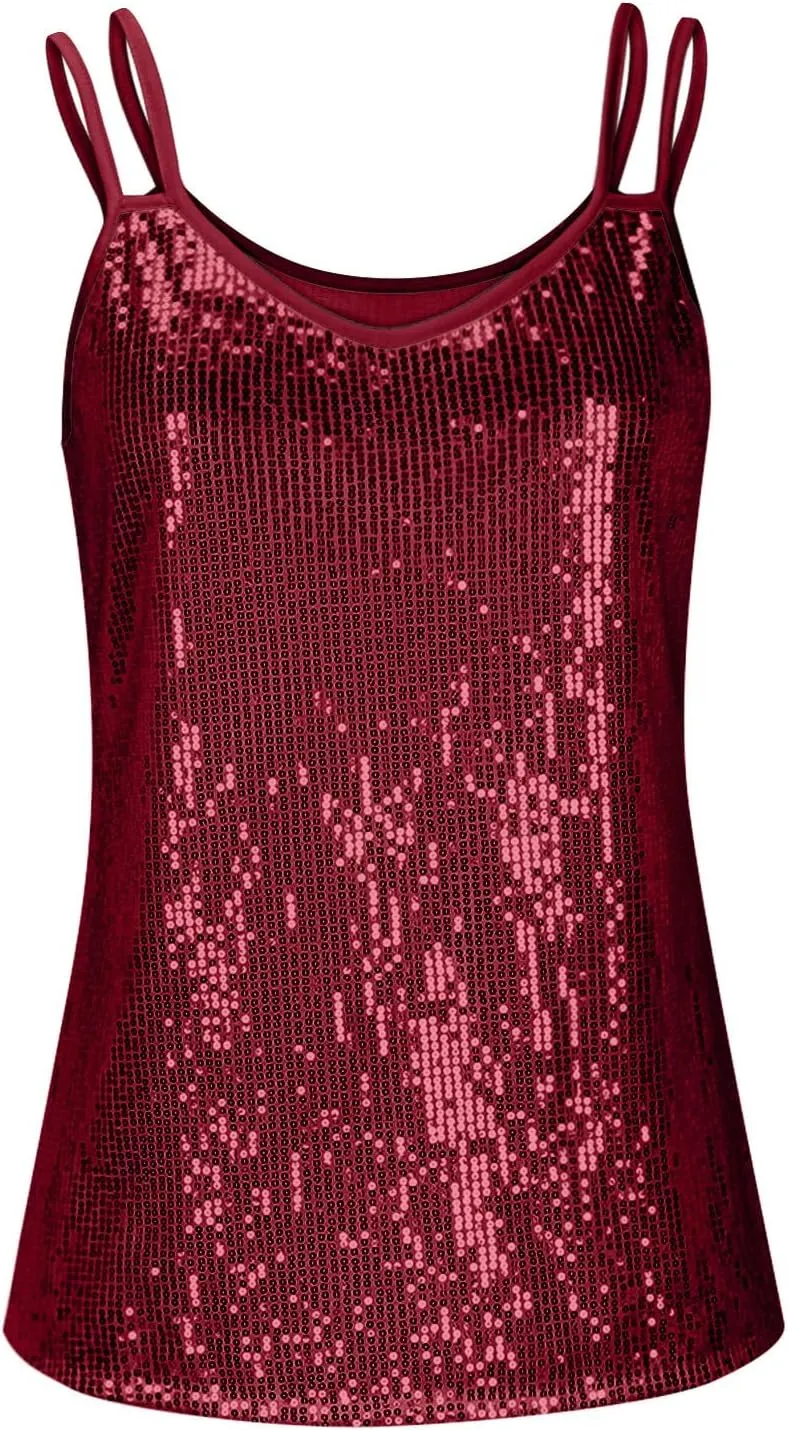 Sequin Tops for Women Sleeveless Sparkle Shimmer Tank Tops V Neck Dressy Party Club Night Cami Shirt Concert Clothes