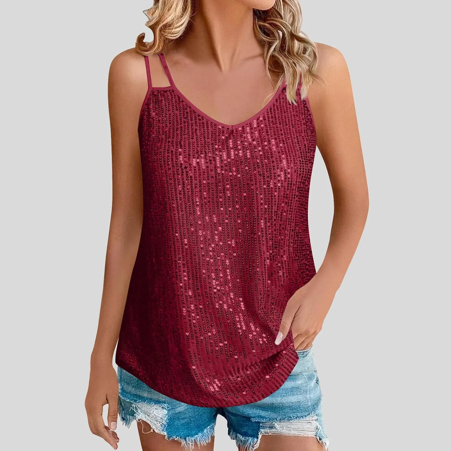 Sequin Tops for Women Sleeveless Sparkle Shimmer Tank Tops V Neck Dressy Party Club Night Cami Shirt Concert Clothes
