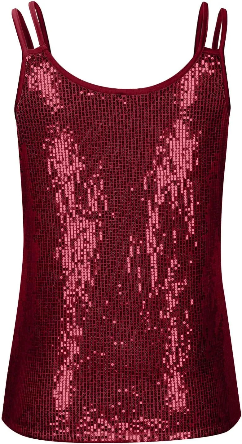 Sequin Tops for Women Sleeveless Sparkle Shimmer Tank Tops V Neck Dressy Party Club Night Cami Shirt Concert Clothes