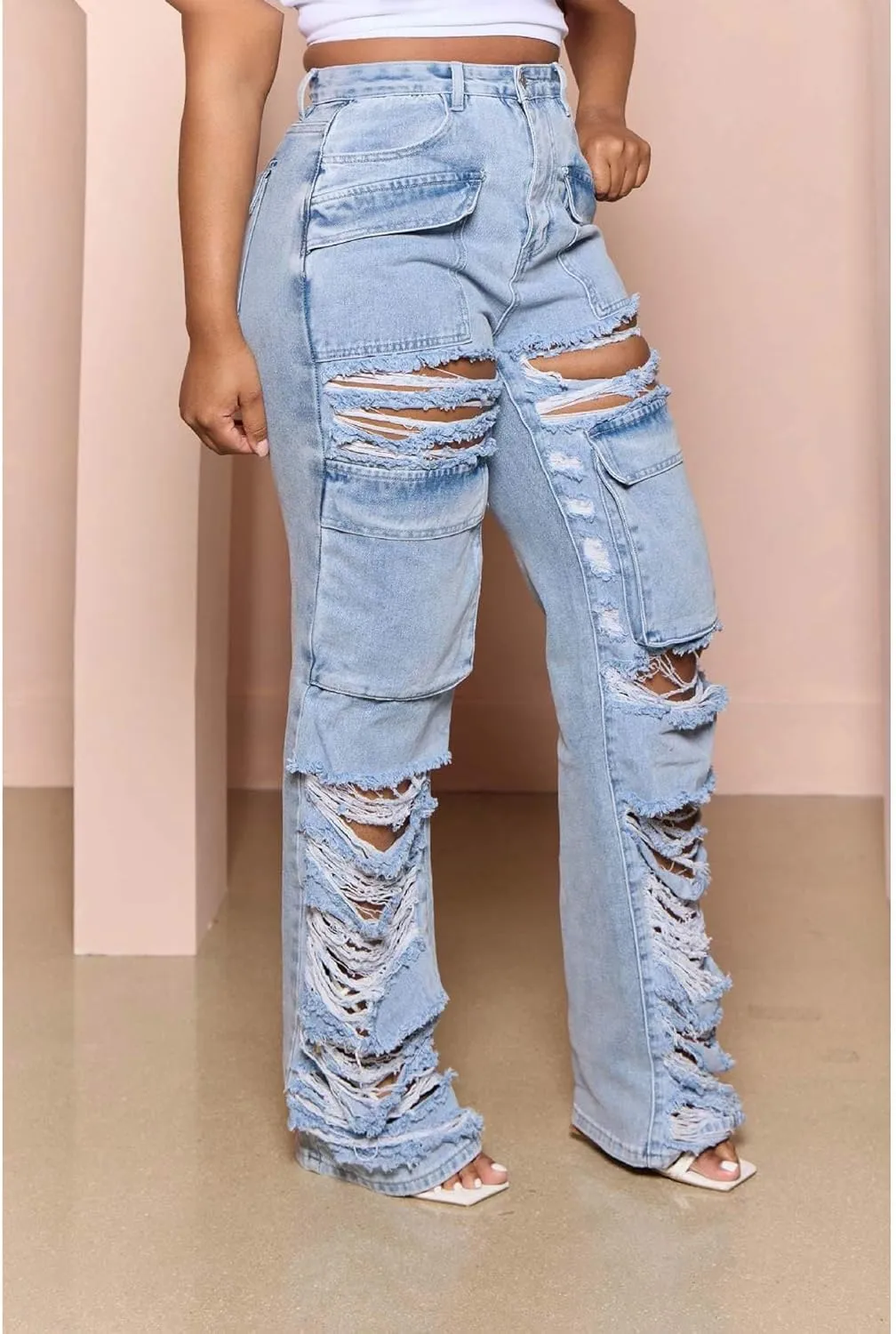 Sexyshine Women's High Waist Straight Leg Ripped Jeans Baggy Loose Distressed Cutout Raw Hem Long Denim Pants
