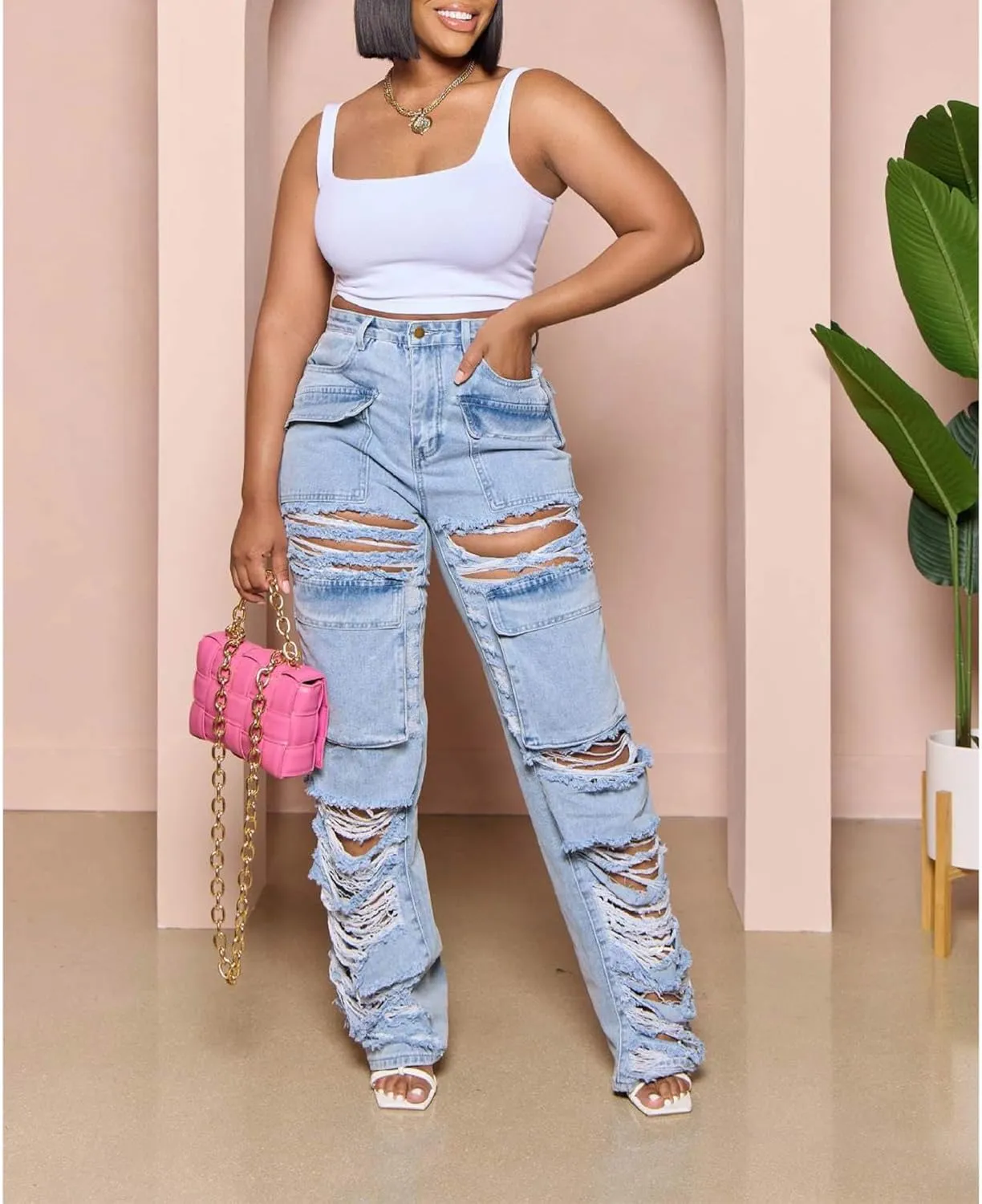 Sexyshine Women's High Waist Straight Leg Ripped Jeans Baggy Loose Distressed Cutout Raw Hem Long Denim Pants