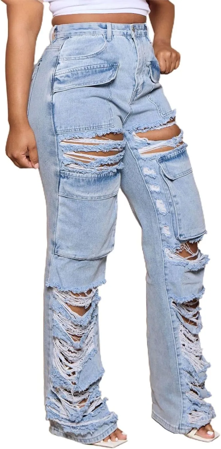 Sexyshine Women's High Waist Straight Leg Ripped Jeans Baggy Loose Distressed Cutout Raw Hem Long Denim Pants