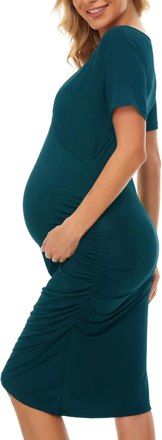 Smallshow Women's V Neck Bodycon Maternity Dress Side Ruched Pregnancy Clothes