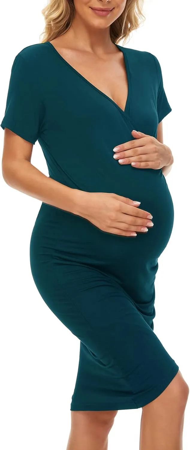 Smallshow Women's V Neck Bodycon Maternity Dress Side Ruched Pregnancy Clothes