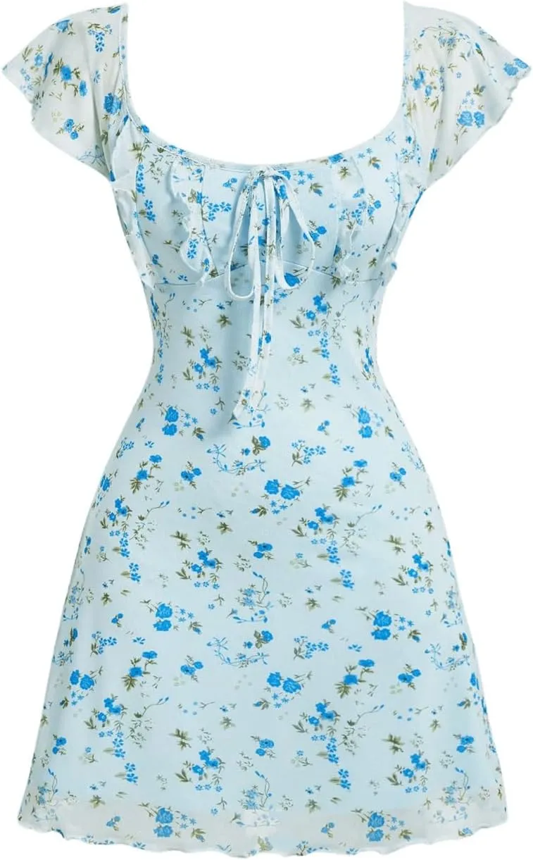 SOLY HUX Women's Vintage Floral Dress Summer Cap Sleeve Mini Dresses Going Out Beach Short Dress