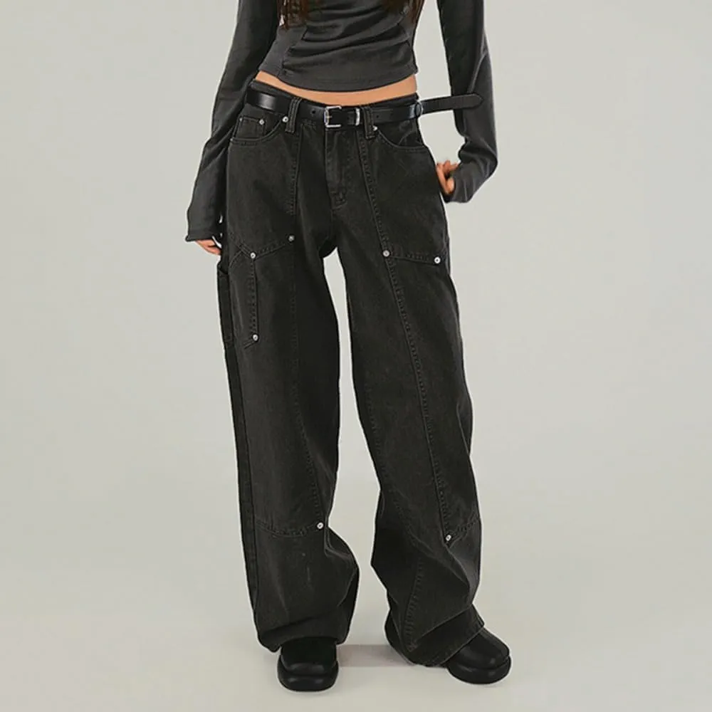 Straight Leg Jeans Y2k Retro Streetwear Pants Casual Wide Leg Parachute Pants Trendy Cargo Pants High Waist Pants
