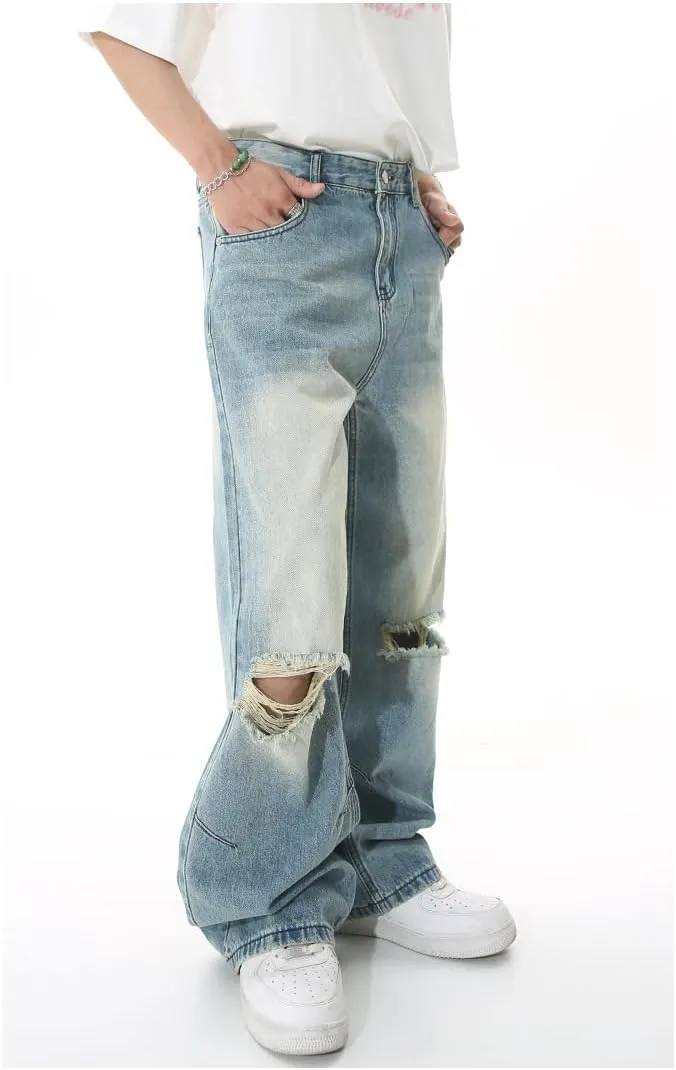 Straight Leg Ripped Jeans Y2k Retro Streetwear Pants Casual Wide Leg Parachute Pants Loose Fit Jeans Trendy Pants