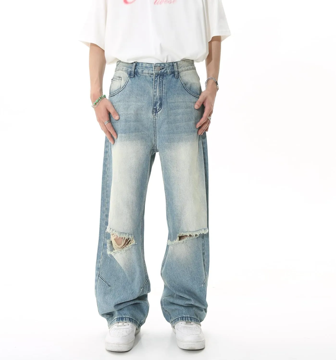 Straight Leg Ripped Jeans Y2k Retro Streetwear Pants Casual Wide Leg Parachute Pants Loose Fit Jeans Trendy Pants