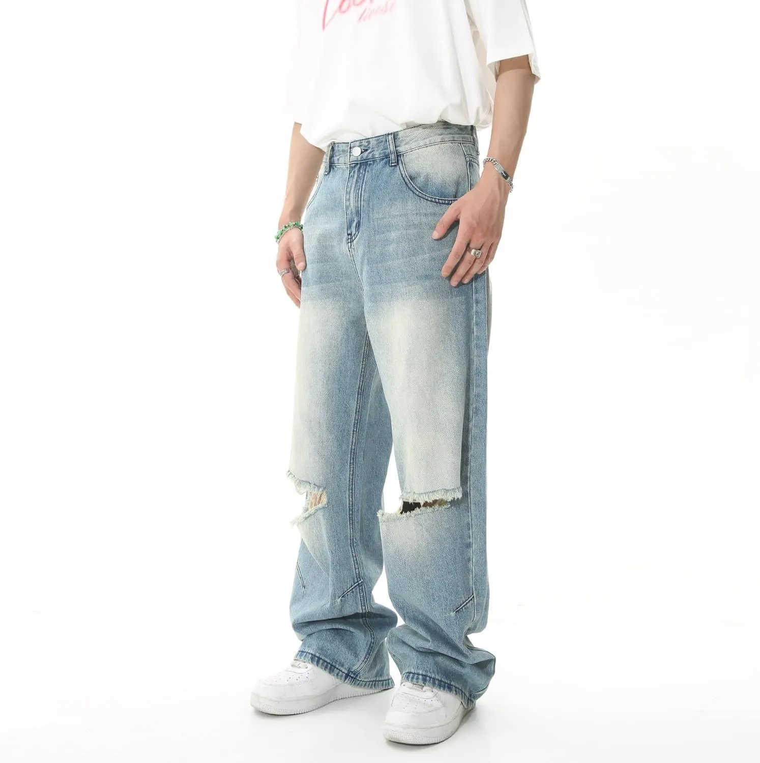 Straight Leg Ripped Jeans Y2k Retro Streetwear Pants Casual Wide Leg Parachute Pants Loose Fit Jeans Trendy Pants