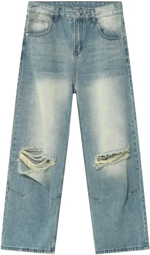 Straight Leg Ripped Jeans Y2k Retro Streetwear Pants Casual Wide Leg Parachute Pants Loose Fit Jeans Trendy Pants