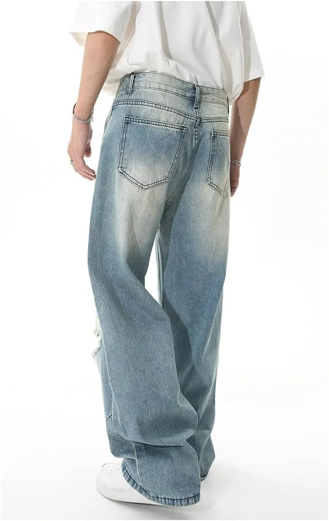 Straight Leg Ripped Jeans Y2k Retro Streetwear Pants Casual Wide Leg Parachute Pants Loose Fit Jeans Trendy Pants