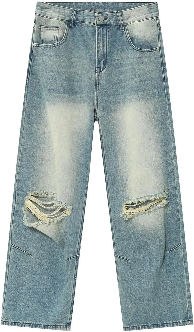 Straight Leg Ripped Jeans Y2k Retro Streetwear Pants Casual Wide Leg Parachute Pants Loose Fit Jeans Trendy Pants