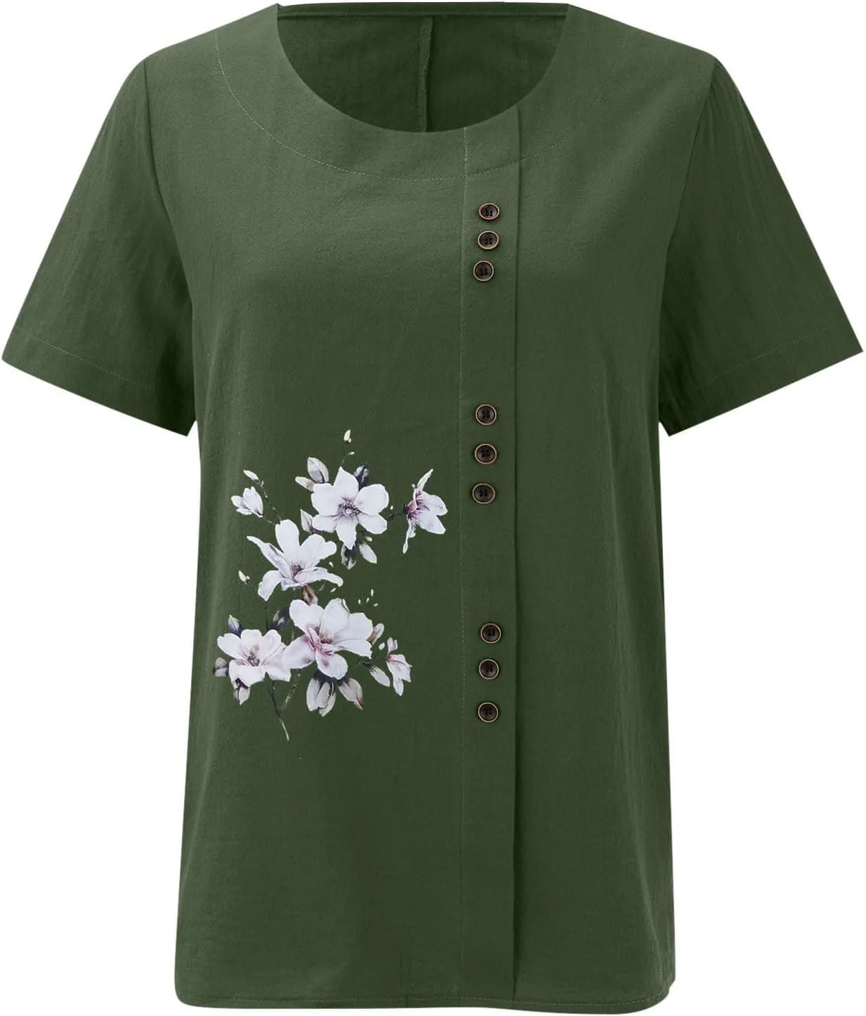 Summer Cotton Linen Shirts for Women Floral Butterfly Print Short Sleeve Loose Blouse Tops Tee with Button
