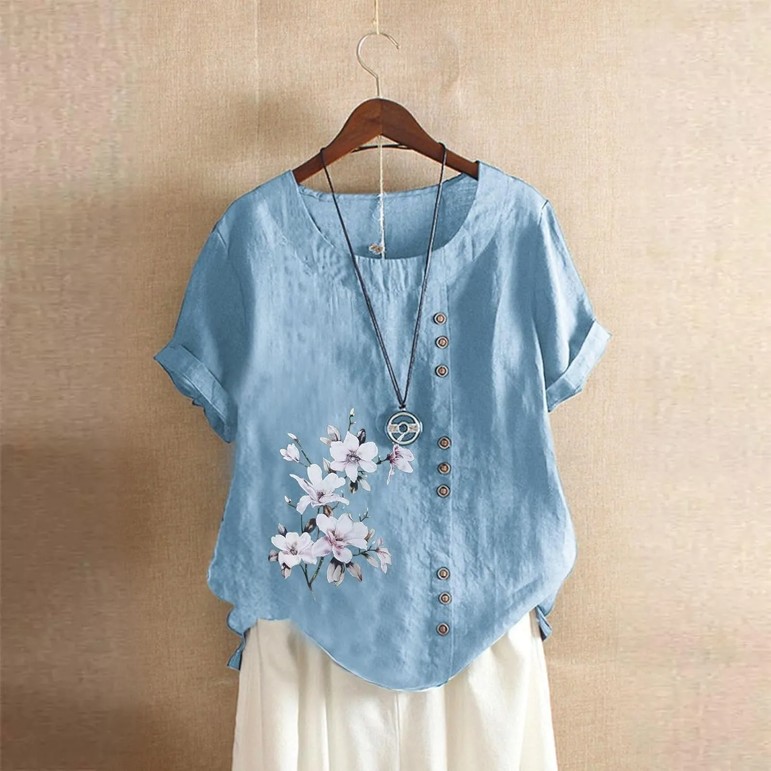 Summer Cotton Linen Shirts for Women Floral Butterfly Print Short Sleeve Loose Blouse Tops Tee with Button