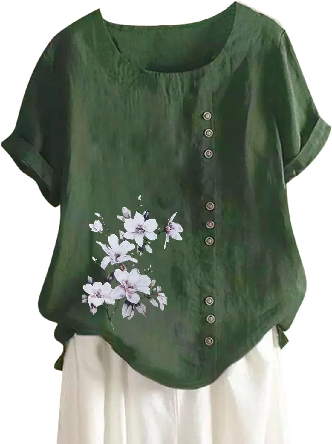 Summer Cotton Linen Shirts for Women Floral Butterfly Print Short Sleeve Loose Blouse Tops Tee with Button
