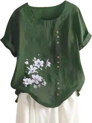 Summer Cotton Linen Shirts for Women Floral Butterfly Print Short Sleeve Loose Blouse Tops Tee with Button
