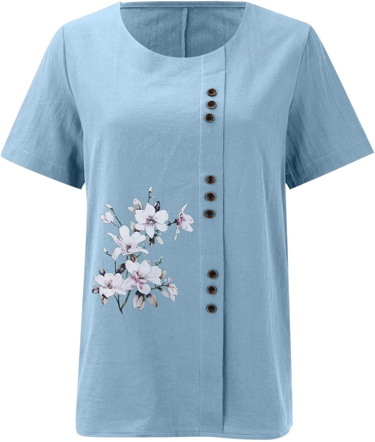 Summer Cotton Linen Shirts for Women Floral Butterfly Print Short Sleeve Loose Blouse Tops Tee with Button