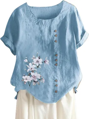 Summer Cotton Linen Shirts for Women Floral Butterfly Print Short Sleeve Loose Blouse Tops Tee with Button