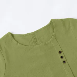Summer Cotton Linen Shirts for Women Floral Butterfly Print Short Sleeve Loose Blouse Tops Tee with Button