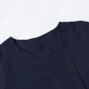 Summer Cotton Linen Shirts for Women Floral Butterfly Print Short Sleeve Loose Blouse Tops Tee with Button