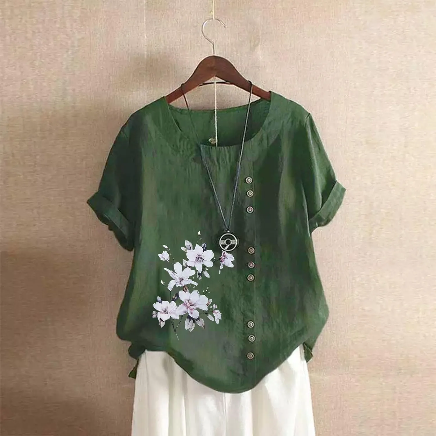 Summer Cotton Linen Shirts for Women Floral Butterfly Print Short Sleeve Loose Blouse Tops Tee with Button