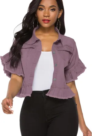 Suvimuga Women's Denim Jacket Button Down Distressed Ruffle Sleeve Crop Jean Jackets Coat