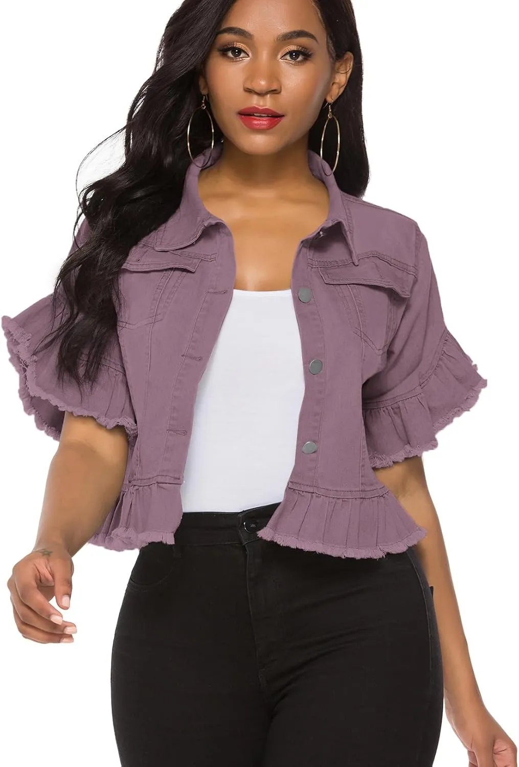 Suvimuga Women's Denim Jacket Button Down Distressed Ruffle Sleeve Crop Jean Jackets Coat